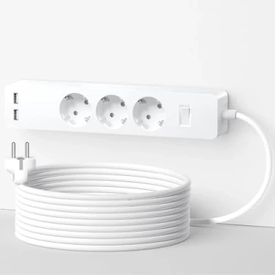 Abbildung von NTONPOWER 3 Fach Steckdosenleiste 5 Meter mit 2 USB, Mehrfachsteckdose Wandmontage Befestigungplatte, Kein Bohren, Lang Verlängerungskabel Überspannschutz, Kindersicherung, Weiß