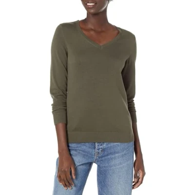Abbildung von Amazon Essentials Damen Leichter, Langärmeliger Pullover Mit V Ausschnitt, Klassischer Schnitt (Erhältlich In Übergröße), Dunkles Olivgrün Meliert, L