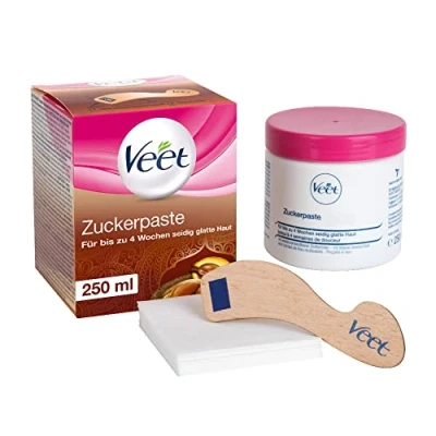 Abbildung von Veet Pure Zuckerpaste mit Vanilleblütenduft Sugaring Paste für die Haarentfernung an Körper &amp; Gesicht 1 x 250 ml inkl. Holzspatel Stoffstreifen