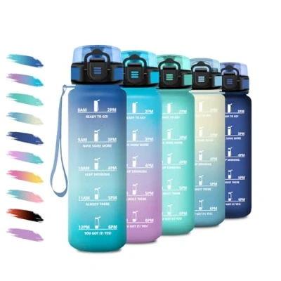 Abbildung von Trinkflasche 1L, Wasserflasche Sport mit Filte, Einhandöffnung, Auslaufsicher, Kohlensäure Geeignet, Motivierende Zeitmarkierung, Sportflasche Perfekt für Camping, Fahrrad, Büro