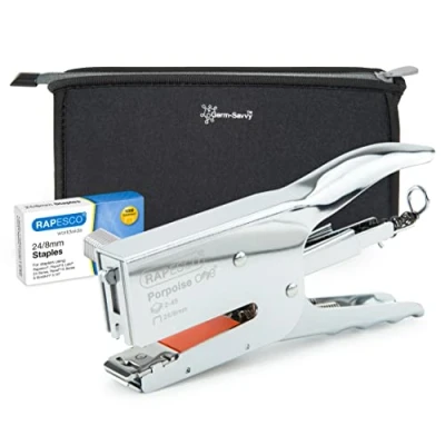 Abbildung von Rapesco 1626 Porpoise ONE Bypass Heftzange mit Germ Savvy Aufbewahrungstasche und 1000 x 24/8mm Heftklammern, braucht Einheitsgröße für 2 45 Blatt Heftleistung, Chrom