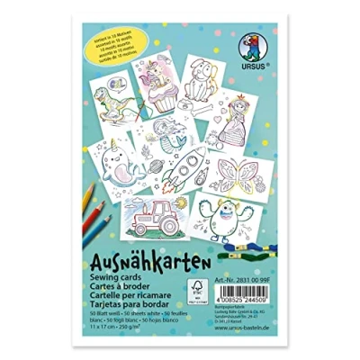 Abbildung von Ursus 28310099F Ausnähkarten für Kinder, 50 weiße Stickkarten mit vorgedruckten Motiven zum Aussticken und Ausmalen, ca. 11 x 17 cm groß, Mittel