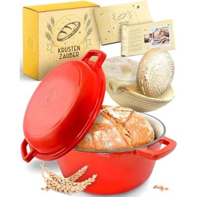 Abbildung von KRUSTENZAUBER Gusseisen Topf Brot Backen [inkl. Gärkorb] Hochwertiger Emaille 26cm Idealer gusseiserner Brottopf zum Backen, Gusseisentopf Brotbacken, Zubehör…