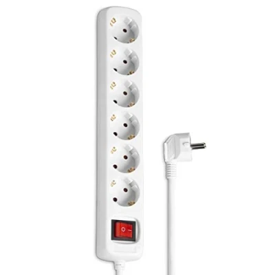 Abbildung von Hama Steckdosenleiste 6 fach (Mehrfachsteckdose mit Save Energy Schalter zum Stromsparen, Steckplätze 45 Grad gedreht, Kabel 5m, GS geprüft, Mehrfachstecker für Home Office) Weiß