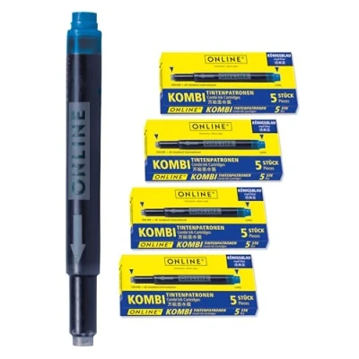 Abbildung von ONLINE 20x kompatible LAMY Patronen blau, auch für Pelikan, Stabilo etc., Universal Tintenpatronen, Füller Patronen, löschbar, Füllhalter &amp; Tintenroller, Vorteilspack Kombi Patrone königsblau