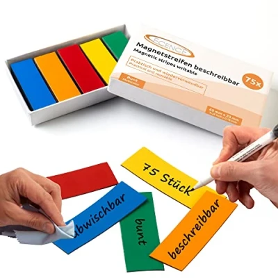 Abbildung von ECENCE 75 Magnetstreifen beschreibbar 60x20mm bunt zuschneidbare Haftstreifen abwischbare Magnetschilder Magnet Etiketten für Whiteboards, Kühlschränke, Magnettafeln