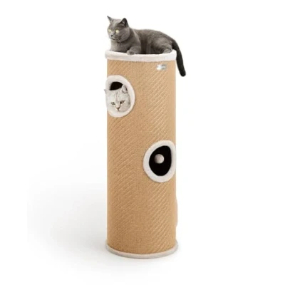 Abbildung von lionto Kratztonne aus Jute mit Spielball &amp; Plüschrand, Höhe 100 cm, Stabiler Kratzbaum für kleine große Katzen, perfekte Krallenpflege Beschäftigung, viele Versteckmöglichkeiten, Ø 38 beige