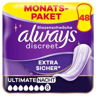 Abbildung von Always Discreet Inkontinenzeinlagen Plus Ultimate Nacht, 48 Binden (4 x 12 Stück) für Damen, starker Schutz, den Sie kaum spüren