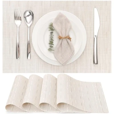 Abbildung von Myir JUN Tischsets Abwaschbar 6er Set, Gewebte Platzdeckchen rutschfest Abgrifffeste Hitzebeständig, Vinyl Platzsets für küche Speisetisch Hotel, Platz Matten 30x45cm (Beige)