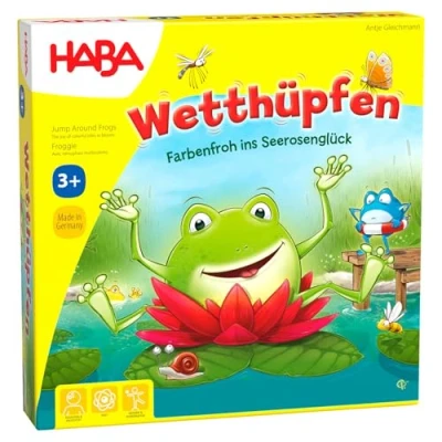 Abbildung von HABA 305272 Wetthüpfen, Würfelspiel für Kinder von 3 bis 7 Jahren mit unterschiedlichen Spielvarianten, Spielmaterial aus Stabiler Pappe und Holz, Spiel ab