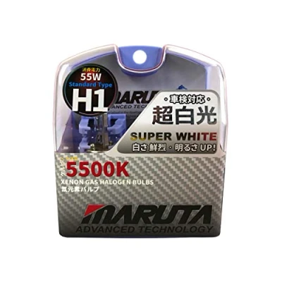 Abbildung von MARUTA SUPER WHITE H1 12V 55W Halogenlampe für Scheinwerfer, Fernlicht, 5500K Xenon Effekt, langlebige Gas Birne mit hochwertigem Quarzglas &amp; Straßenzulassung (ECE Prüfzeichen)