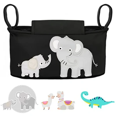 Abbildung von GLÜCKSWOLKE Kinderwagen Organizer 12 Motive I Kinderwagentasche verschließbar Kinder Buggy Tasche mit Feuchttuchspender Baby Stroller Bag Black Aufbewahrungstasche (Emil Elefant schwarz)