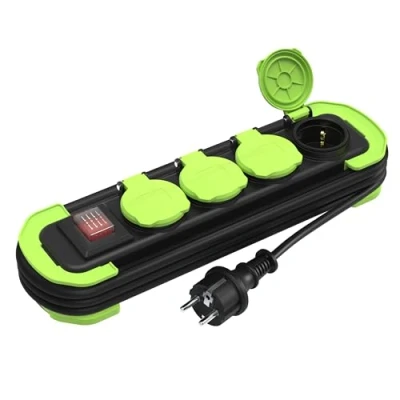 Abbildung von MutecPower Steckdosenleiste 4 Fach Mehrfachsteckdose Außen mit Schalter IP44 Outdoor Schutzkontaktsteckdosen Klappdeckeln und 3m aufrollbares Kabel 16A/250V H05RR F 3G 1,5 Schwarz/Grün