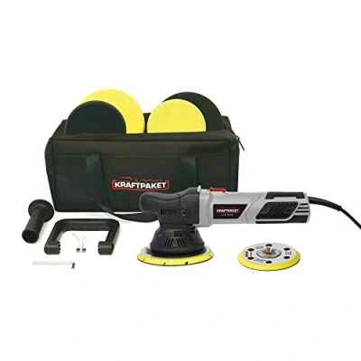 Abbildung von Dino KRAFTPAKET 640301 15mm 900W Exzenter Poliermaschine Stufenlos im XXL Set mit 125mm 150mm Stützteller Polierschwamm Polierteller Polierpad Tasche für Auto KFZ Boot, Grau
