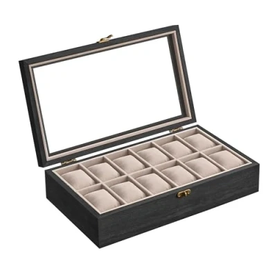 Abbildung von SONGMICS Uhrenbox mit 12 Fächern, Uhrenkasten aus Massivholz, Glasdeckel, Uhrenkissen, Geschenk für Ihre Liebsten, ebenholzschwarz JOW120B01
