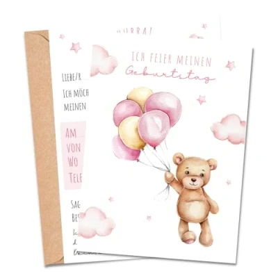 Abbildung von MeinBaby123® 10 Einladungskarten Kindergeburtstag Mädchen und Jungs süße Geburtstagseinladungen für Kinder Bär inkl. Briefumschläge Premium Qualität (Bär V2)