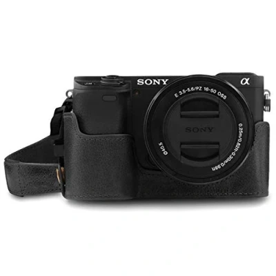 Abbildung von MegaGear MG1641 Ever Ready Kameratasche aus echtem Leder, kompatibel mit Sony Alpha A6100, A6400, Schwarz