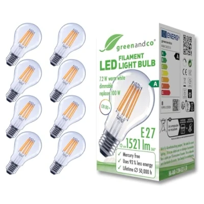 Abbildung von greenandco 8x Glühfaden LED Lampe klar dimmbar E27 A60 7,2W 1521lm ersetzt 100W 3000K warmweiß 320 230V flimmerfrei Energieeffizienzklasse A
