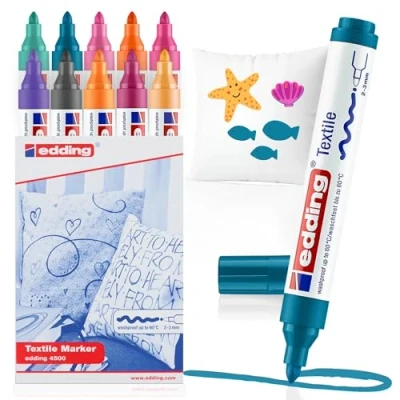 Abbildung von edding 4500 Textilmarker 10 Farben im Set (Trend) Rundspitze 2 3 mm Textilstifte waschmaschinenfest (60 C) zum Stoff bemalen Stoffmalstift