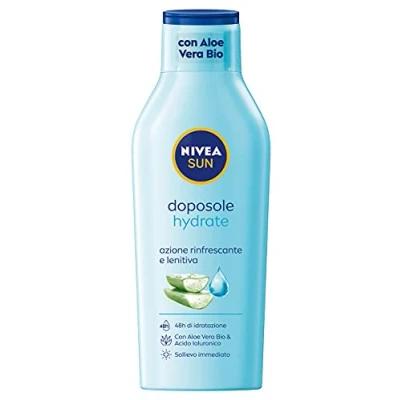 Abbildung von NIVEA SUN Milch nach dem Sonnenbad, feuchtigkeitsspendend, in Maxi Flasche Format zu 400 ml, Körpermilch mit Bio Aloe Vera und Hyaluronsäure, Creme Sonnenbad erfrischender beruhigender Wirkung
