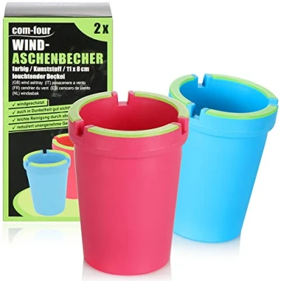Abbildung von com four® 2X Aschenbecher für draußen Windaschenbecher Sturmaschenbecher mit leuchtendem Deckel Autoaschenbecher, Ø 8 cm (2 Stück rot blau)