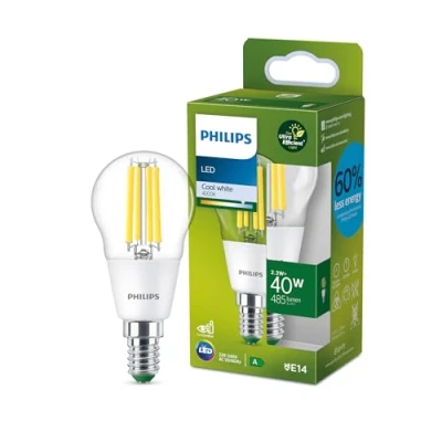 Abbildung von Philips LED Classic ultraeffiziente E14 Lampe, mit Energieeffizienzklasse A, in tropfen Form, ersetzt 40W, klar, kaltweiß