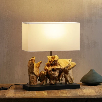 Abbildung von Kare Design Tischlampe Nature, Braun/Weiß, Tischleuchte, Massivholz, Baumwoll Schirm, rechteckig, Schreibtischlampe, Holz, kein Leuchtmittel inklusive, 43x35x15 cm (H/B/T)