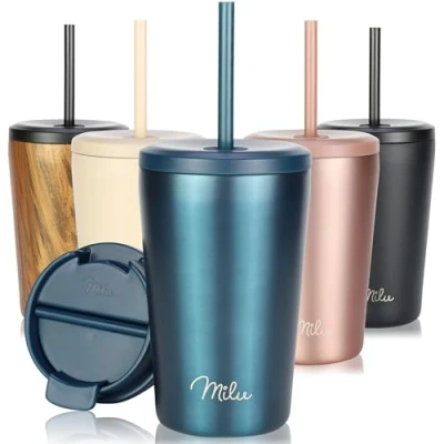 Abbildung von Milu Thermobecher 300ml, 400ml, 500ml 100% Auslaufsicher Edelstahl Kaffeebecher to go isoliert mit Strohhalm hält 10h heiß / 20h kalt, BPA frei (Grün, 400ml)