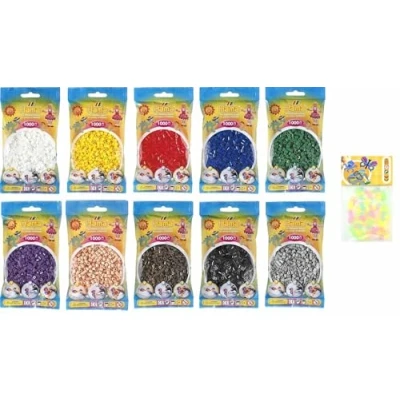 Abbildung von Hama Midi Bügelperlen (Kon 3) Konvulut 10 Farben (Weiß,Gelb,Rot,Lila,Grün,Blau,Braun,Schwarz,Grau,Hautfarben) + GRATIS 100 HPT Leuchtperlen in 6 (Leuchtet im Dunkeln)