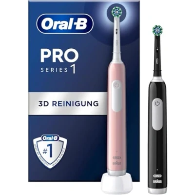 Abbildung von Oral B Pro Series 1 Elektrische Zahnbürste/Electric Toothbrush, Doppelpack, 2 Aufsteckbürsten, 3 Putzmodi und Drucksensor für Zahnpflege, Designed by Braun, pink/black