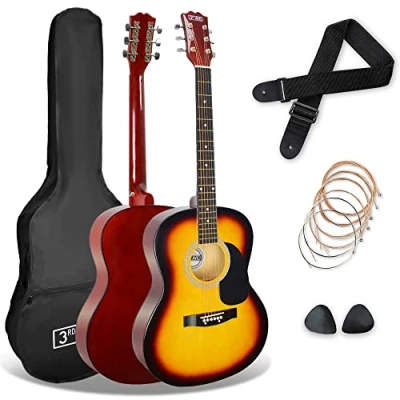 Abbildung von 3rd Avenue 4/4 Westerngitarren Set mit Stahlsaiten, für Anfänger 6 Monate KOSTENLOSER Unterricht, Tasche, Plektren und Ersatzsaiten in Sunburst
