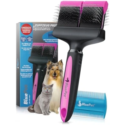 Abbildung von BluePet ZupfZeug Pro Professionelle Hundebürste Langhaar Zupfbürste für Hunde und Katzen Entfernt sanft Unterwolle, Verfilzungen &amp; Knoten (Doppelkopf Rosa)