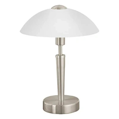 Abbildung von EGLO Tischleuchte Solo 1, 1 flammige Tischlampe, Nachttischlampe aus Metall in Silber und Glas weiß satiniert, E14 Fassung, inkl. Touchdimmer