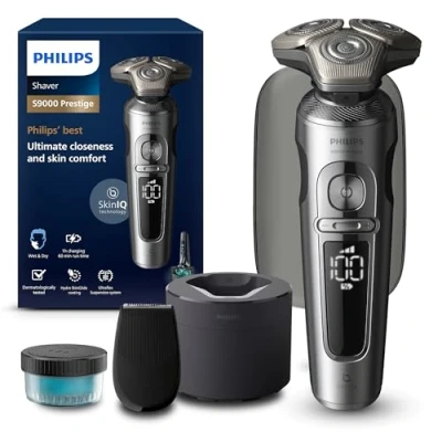 Abbildung von Philips Shaver S9000 Prestige, elektrischer Nass und Trockenrasierer, helles Chrom, Lift &amp; Cut Rasiersystem, SkinIQ Technologie, Präzisionstrimmer, Reinigungsstation Reiseetui, Modell SP9841/32