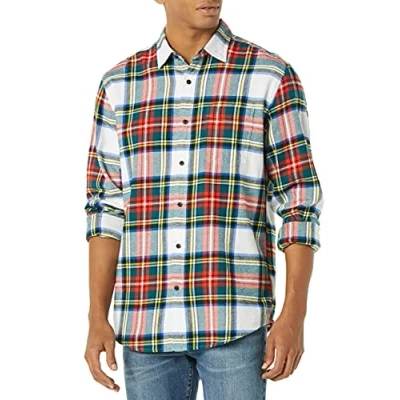 Abbildung von Amazon Essentials Herren Langarmhemd aus Flanell (in Übergröße erhältlich), Rot Weiß Tartan Plaid, S