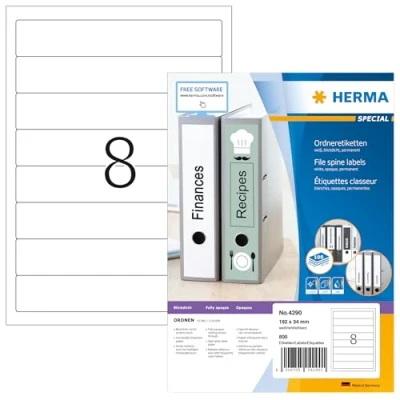 Abbildung von HERMA 4290 Ordnerrücken Etiketten kurz schmal, 100 Blatt, 192 x 34 mm, 8 pro A4 Bogen, 800 Stück, selbstklebend, bedruckbar, blickdicht, blanko Papier Ordneretiketten Rückenschilder Aufkleber, weiß