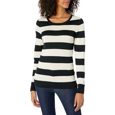 Abbildung von Amazon Essentials Damen Leichter, Langärmeliger Pullover Mit Rundhalsausschnitt (Erhältlich in Übergröße), Schwarz Haferbeige Meliert Rugby Streifen, M