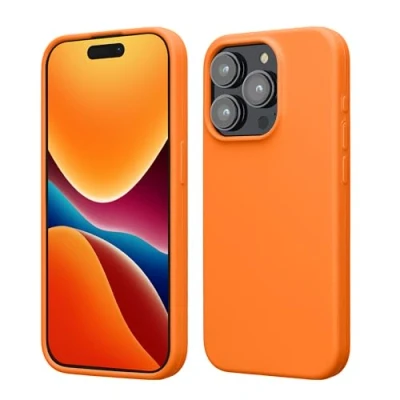 Abbildung von kwmobile Hülle für das iPhone 15 Pro Silikon Handy Case stoßfeste Handyhülle mit weicher Oberfläche Fruity Orange