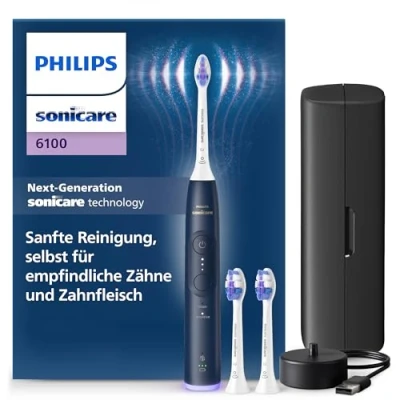 Abbildung von Philips Sonicare 6100 elektrische Zahnbürste, Schallzahnbürste mit 2 Putzmodi und 3 Intensitätsstufen, Andruckkontrolle, EasyStart, SmarTimer BrushPacer, Reiseetui, Marineblau, Modell HX7403/01