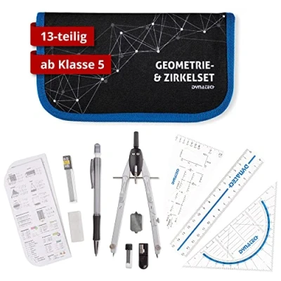 Abbildung von DynaTech Zirkel Set Geometrieset 12 Teilig , Geodreieck, Parabel, Bleistift, Radierer, Spitzer und Ersatzminen im Etui mit Reißverschluss blau praktisches Mathematik inkl. Federmappe