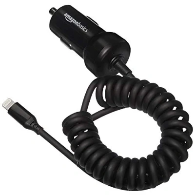 Abbildung von Amazon Basics Kfz Ladegerät mit Lightning Anschluss, Spiral Kabel, 5 V, 2,4 A, 0,45 m, Schwarz