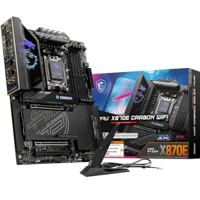 Abbildung von MSI MPG X870E Carbon WiFi Mainboard, ATX Unterstützt AMD Ryzen 9000/8000/7000 Prozessoren, AM5 110A SPS VRM, DDR5 Memory Boost 8400+MT/s (OC), PCIe 5.0 x16 &amp; 4.0 x16, M.2 Gen5, Wi Fi 7, 5G LAN