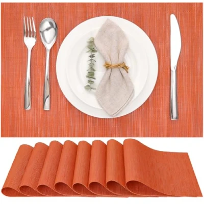 Abbildung von Myir JUN Tischsets Abwaschbar 8er Set, Gewebte Platzdeckchen rutschfest Abgrifffeste Hitzebeständig, Vinyl Platzsets für küche Speisetisch Hotel, Platz Matten 30x45cm (Orange)