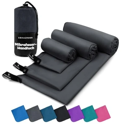 Abbildung von ZENACROSS Mikrofaser Handtuch 3er Set mit Transportbeutel Schnelltrocknendes und vielseitiges Fitness Sporthandtuch Größen XS, S, M Dunkelgrau