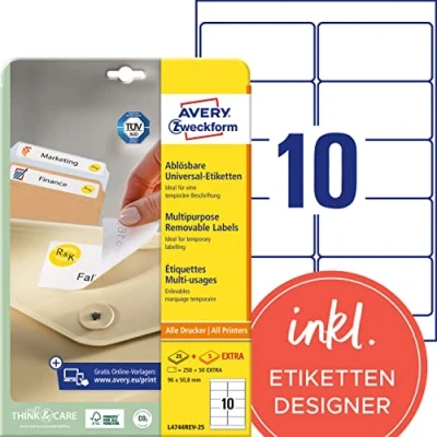 Abbildung von AVERY Zweckform L4744REV 25 Universal Etiketten (250 plus 50 Klebeetiketten extra, 96x50,8mm auf A4, wieder rückstandsfrei ablösbar/abziehbar, bedruckbar, selbstklebende Aufkleber) 30 Blatt, weiß