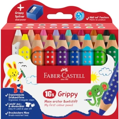 Abbildung von Faber Castell 110645 Set Grippy, 16 Jumbo Buntstifte für Kleinkinder, leicht abwaschbare Malstifte Kinder, ergonomische dreieckige Form, dicke Buntstifte, 10mm Mine, Anspitzer Inklusive