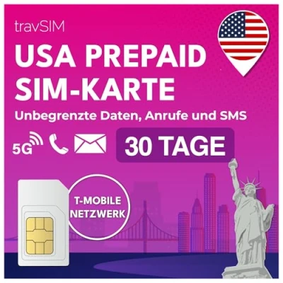 Abbildung von travSIM USA SIM Karte T Mobile Netz Unbegrenzte Daten, Anrufe &amp; Texte in den funktioniert auf iOS Android Geräten 30 Tage