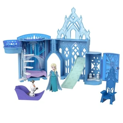 Abbildung von Mattel Disney Die Eiskönigin, Elsas Stapelschloss Puppenhaus Spielset mit kleiner Puppe und 8 Teilen, inspiriert von den Filmen Eiskönigin“, Reisespielzeug Geschenke für Kinder, JDP63