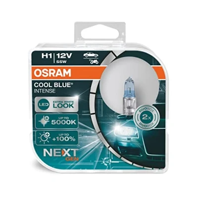 Abbildung von Osram Cool Blue Intense H1, mit 100 Prozent mehr Helligkeit, bis zu 5.000K, Halogen Scheinwerferlampe, LED Look, Duo Box (2 Lampen), Fahrzeugspezifische Passform, Blue,