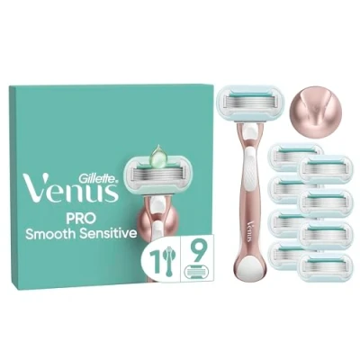 Abbildung von Gillette Venus Deluxe Smooth Sensitive Rasierer Damen, Damenrasierer + 9 Rasierklingen mit 5 fach Klinge, Geschenk für Frauen